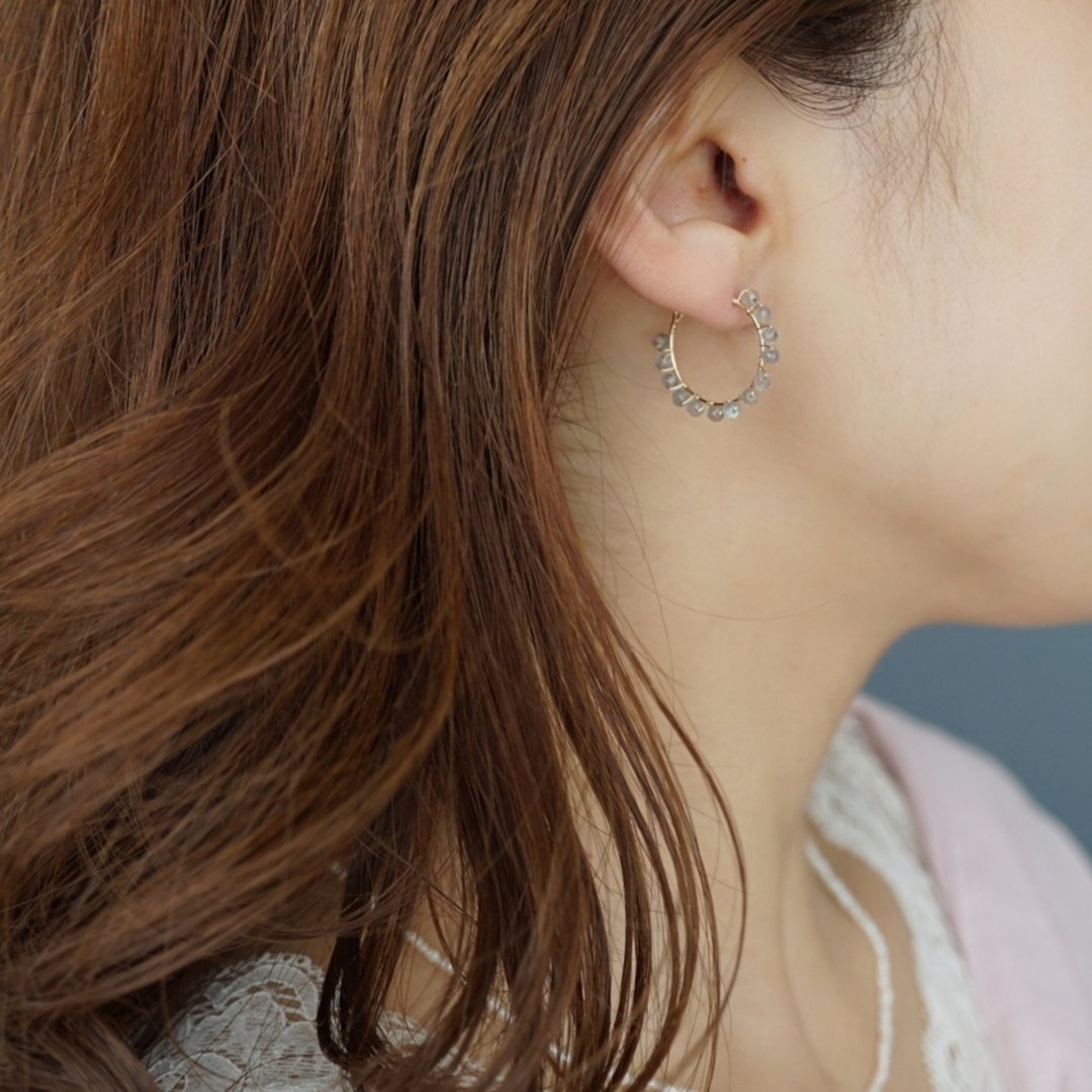14kgf Labradorite Hoop Earrings - 耳环/耳夹 - 其他金属 金色