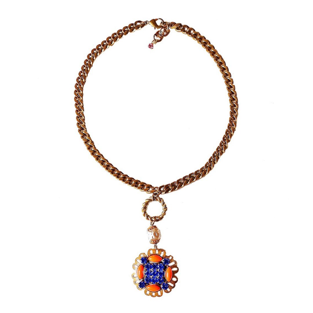 Vintage Bohemian Glass Pendant Necklace | Pearl &amp; Orange - 项链 - 其他金属 多色