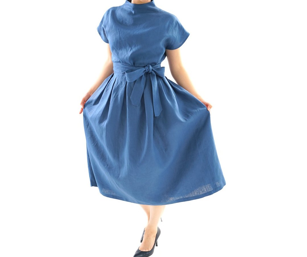 Linen neckline French sleeve tuck dress / Blue Marine a 0 48 a - bum 2 - 洋装/连衣裙 - 棉．麻 蓝色