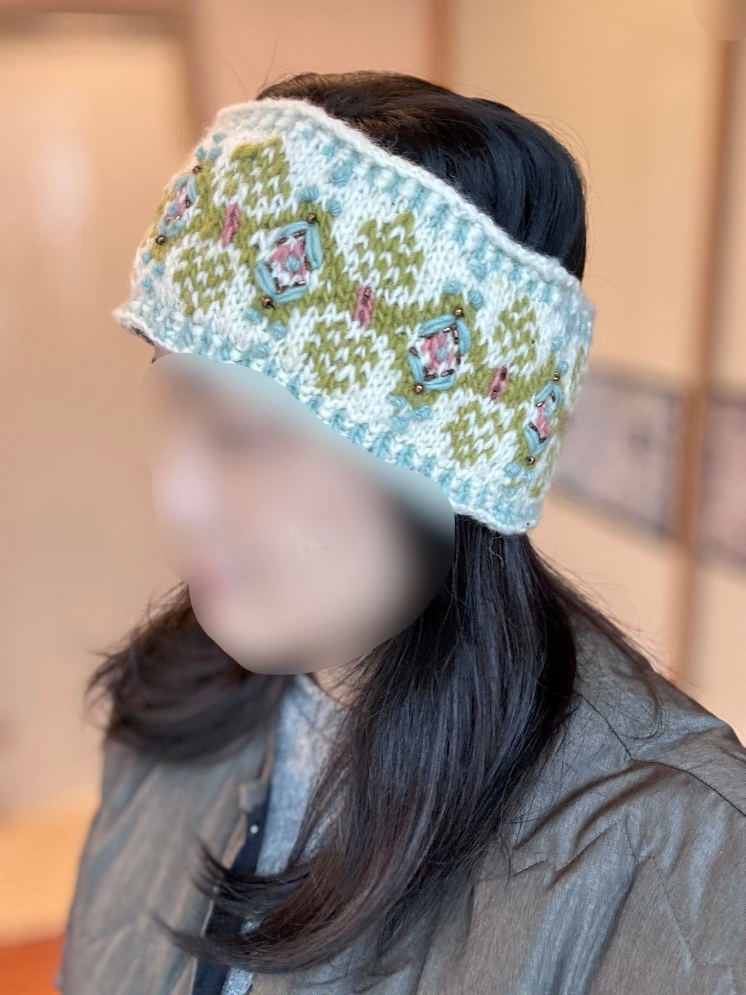 精致绿白几何钉珠纯羊毛线手工编织保暖内衬防风发带洗脸运动头带 - 发饰 - 羊毛 白色