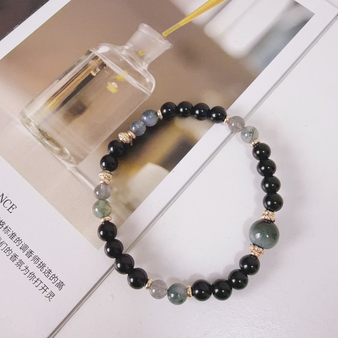 一抹光【墨色】中性款 阳起石 x 黑曜石 x 水草玛瑙 x 灰月光 水晶手串 - 手链/手环 - 水晶 黑色