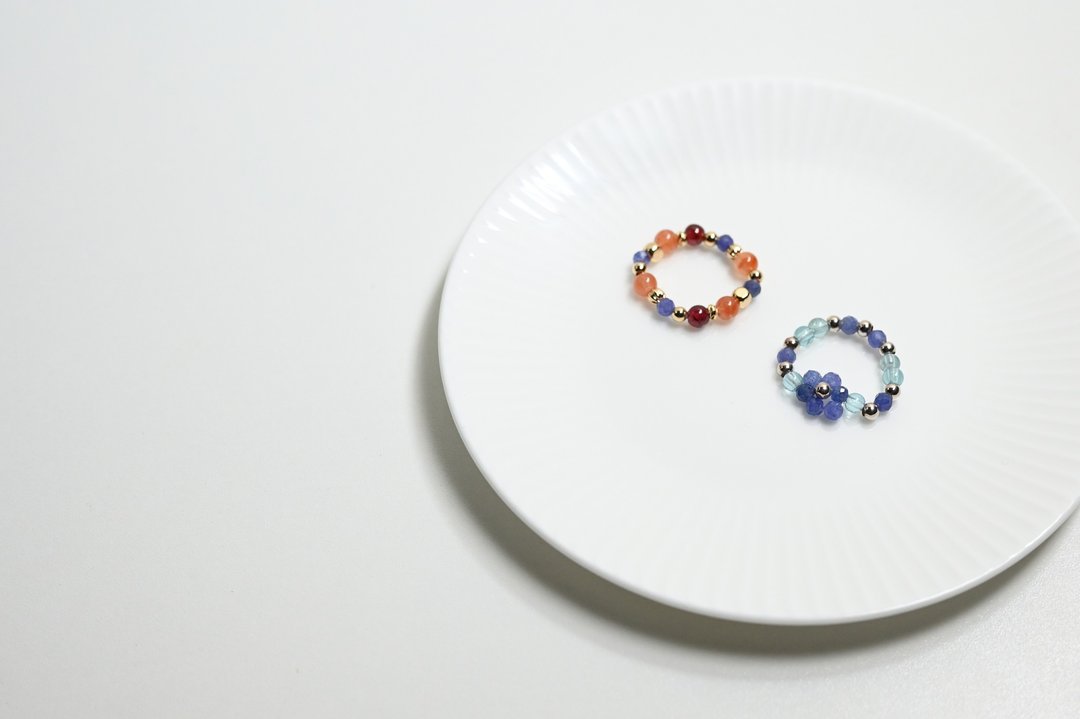 配色水晶小花戒指套组 2pcs - 戒指 - 水晶 蓝色