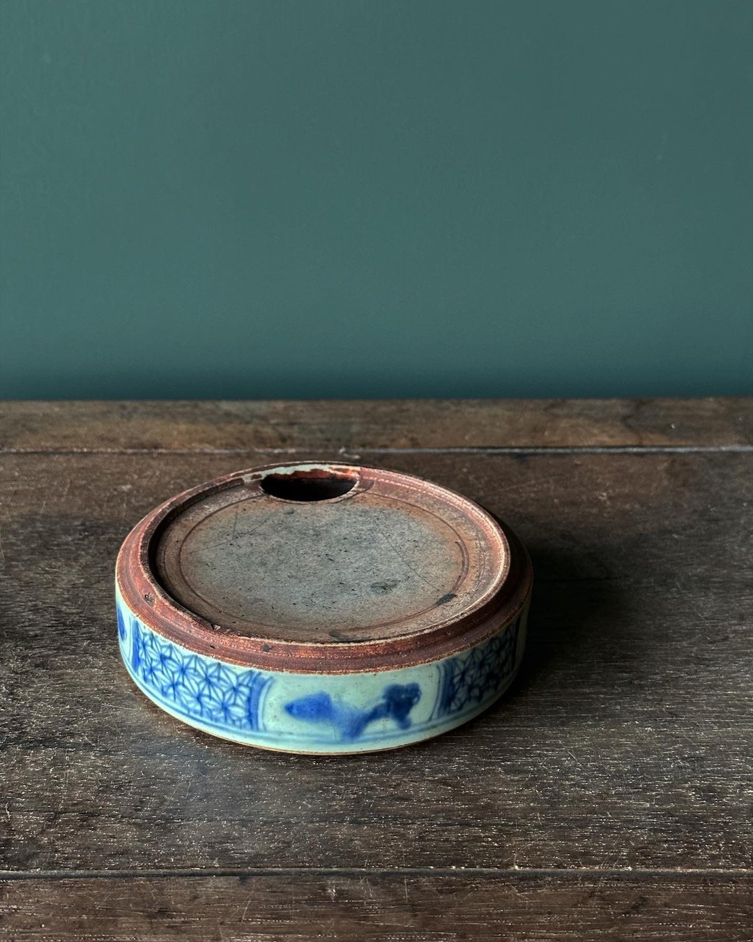 老件 四开光灵芝纹 青花圆瓷砚 - 其他 - 瓷 