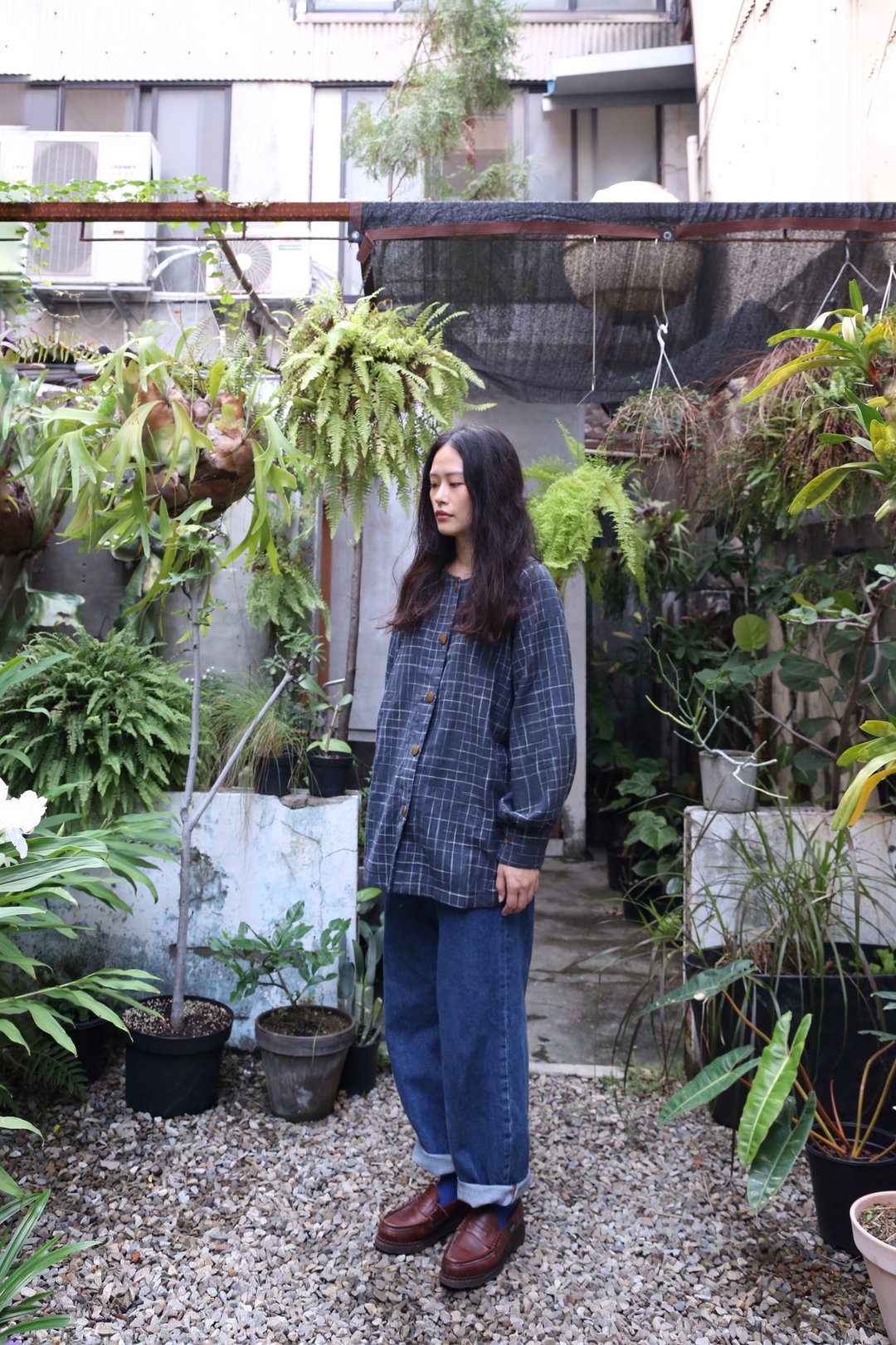 中性圆领拉克兰宽袖衬衫-墨绿有机线格棉麻 - 女装上衣 - 棉 