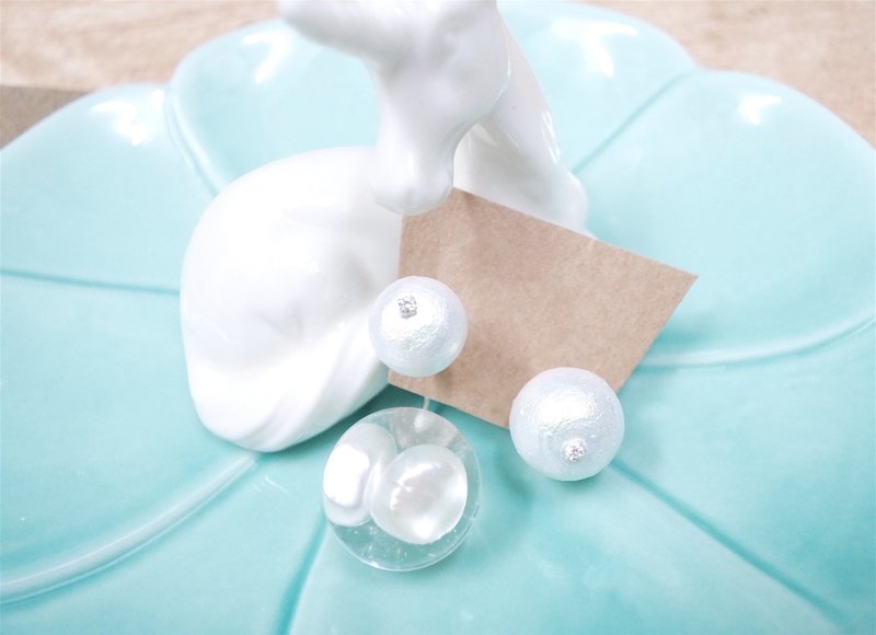 天然淡水珍珠 Cotton Pearl棉棉珠 透明水晶球 925纯银 耳环 - 耳环/耳夹 - 其他材质 透明