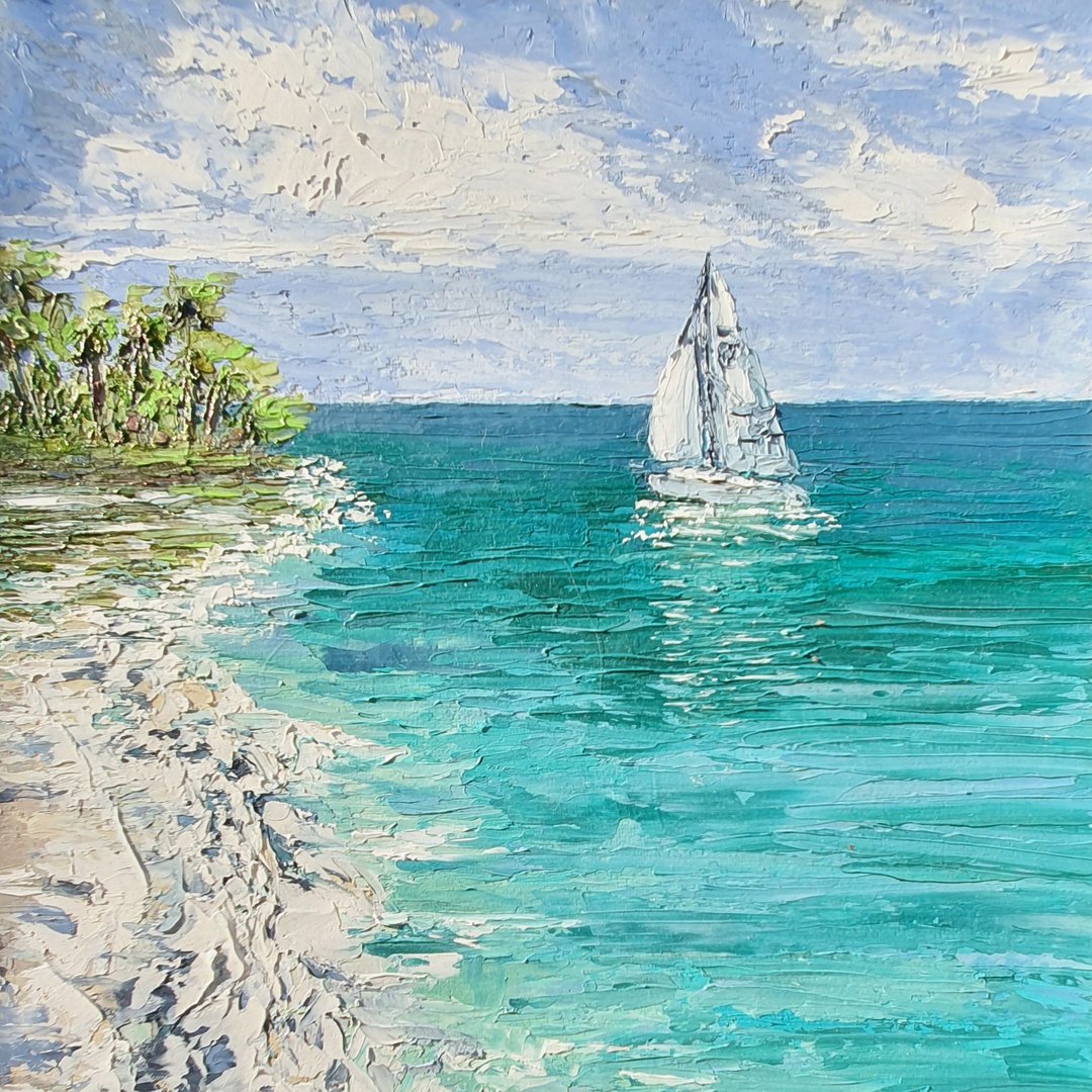 蓝绿色海面帆船海滩画 热带海景原创厚涂墙面艺术 - 墙贴/壁贴 - 棉 蓝色