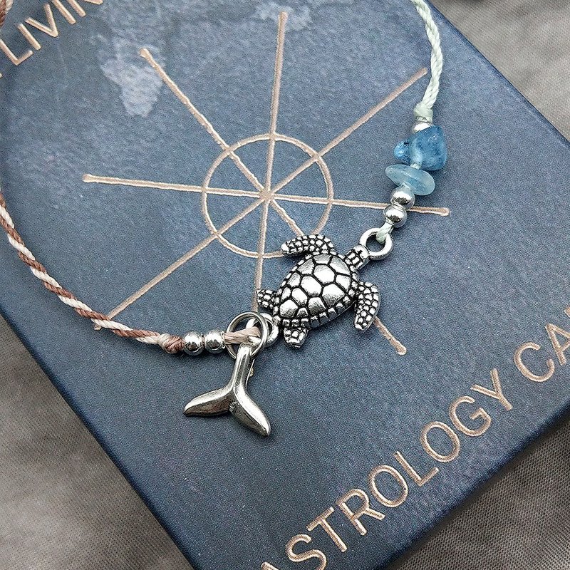 天然水晶 海龟 + 鲸鱼 + 海蓝宝 海的呼唤 x 自由灵魂的守护手链 - 手链/手环 - 水晶 银色