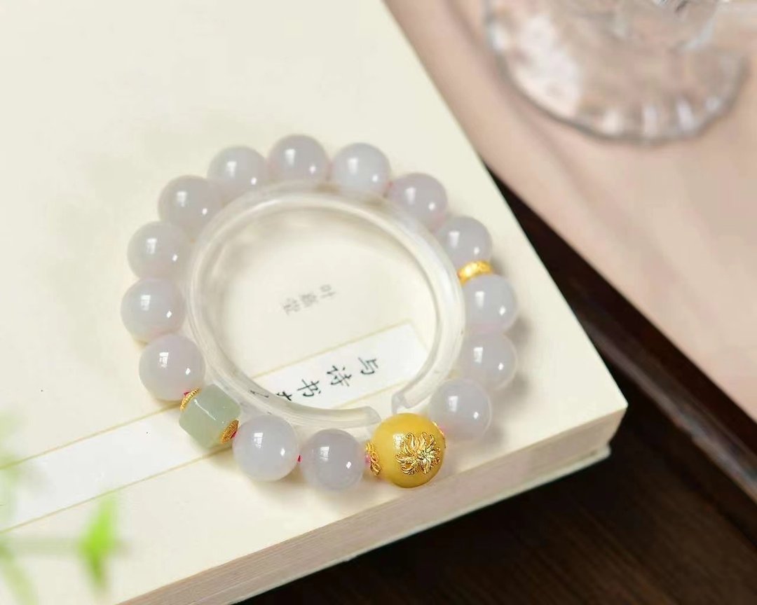 12mm天然和阗玉/和田玉-藕粉玉 蜜蜡九尾狐晴水方糖设计单圈手串s - 手链/手环 - 宝石 粉红色