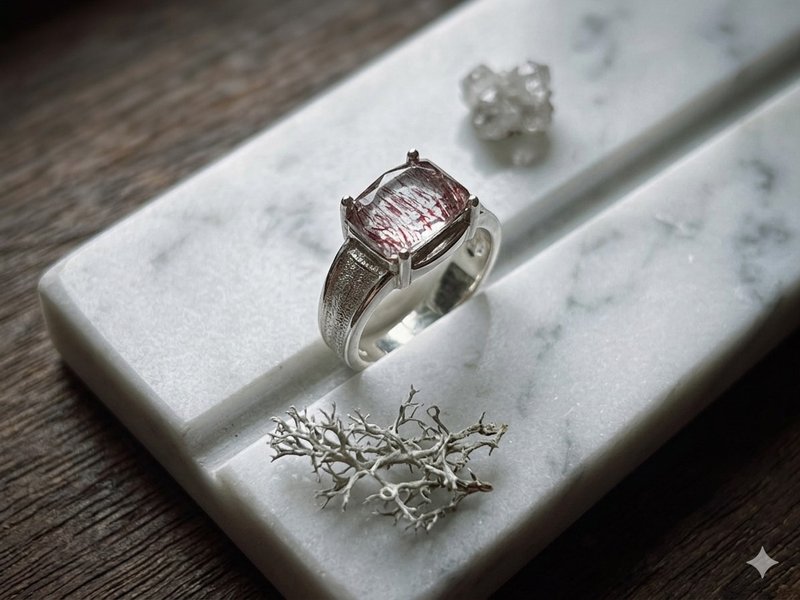 天然红云母超七水晶  - Lepidocrocite in Quartz  S 925 银饰戒 - 戒指 - 水晶 