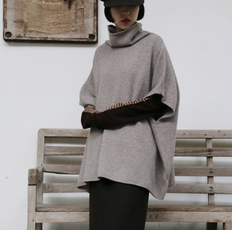 羊毛羊绒披肩风高领针织衫 慵懒宽松上衣 251125 - 女装针织衫/毛衣 - 羊毛 灰色