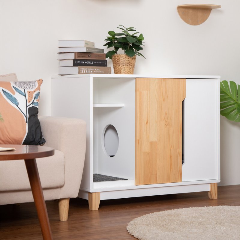 北欧猫砂箱Omega Slide (赠折叠猫砂盆) - 猫砂/猫砂垫 - 木头 白色