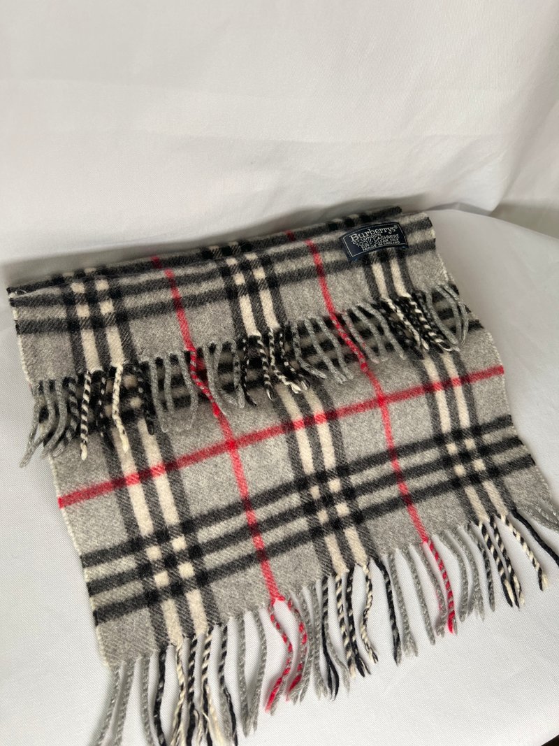Burberry Scarf经典灰色格纹流苏颈巾 全羊毛 日本中古Vintage - 围巾/披肩 - 羊毛 咖啡色