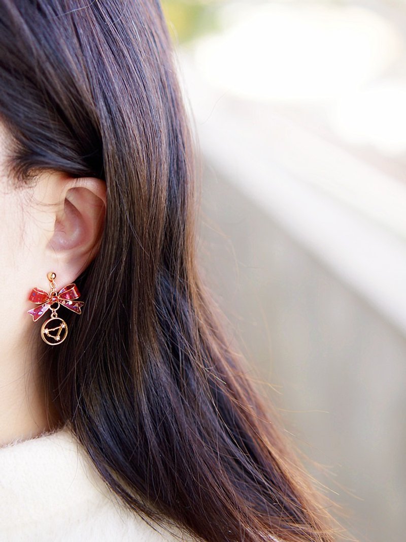 原創 | 糖果 立体蝴蝶结星座吊牌奥地利水晶14k包金耳环耳夹 - 耳环/耳夹 - 水晶 红色