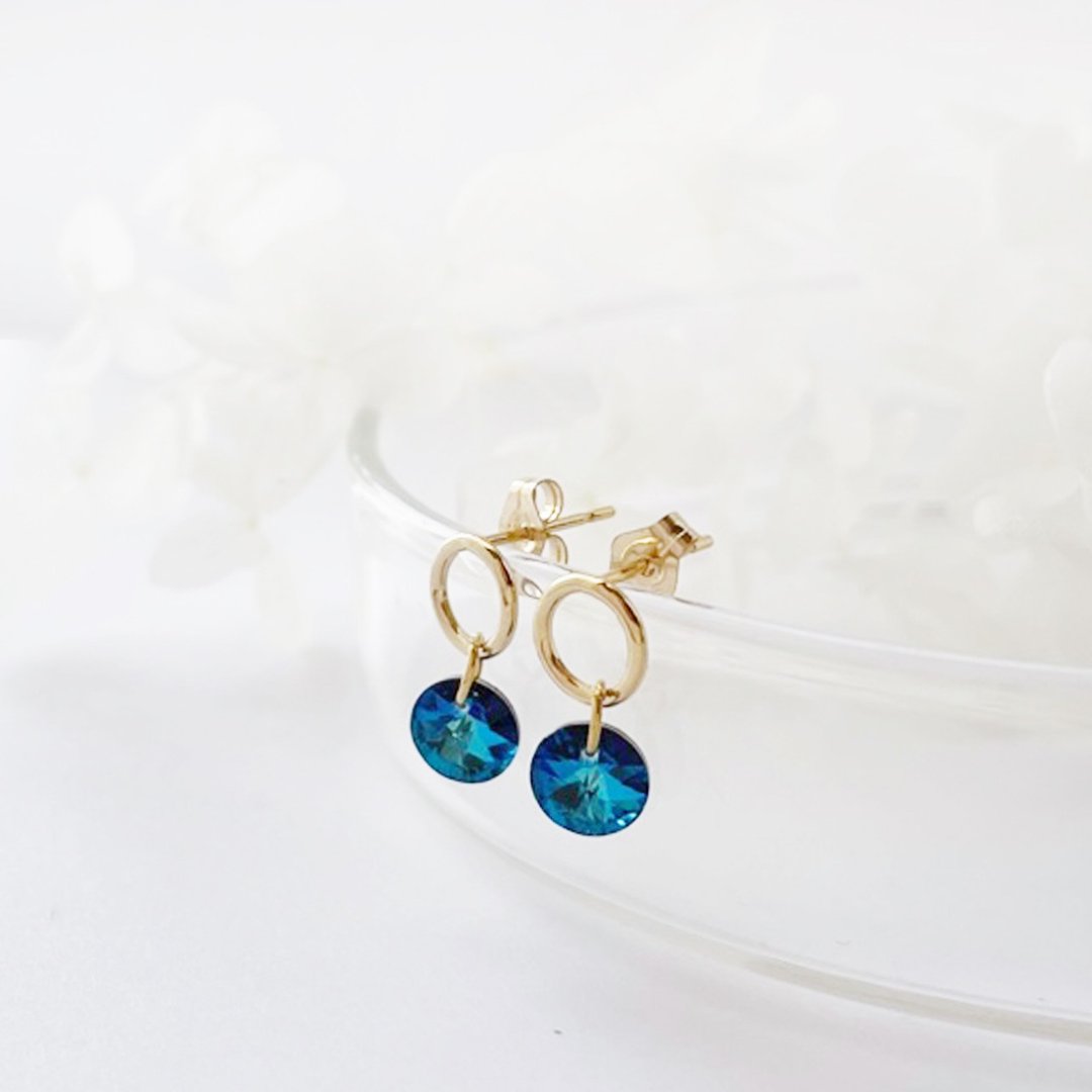 [New] Bermuda Blue Circle Earrings / Natural Stone / 14KGF - 耳环/耳夹 - 贵金属 蓝色