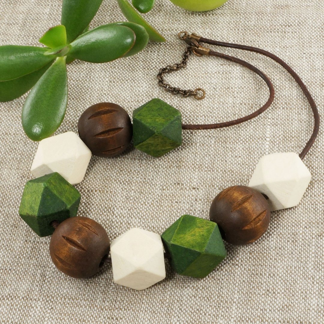 Green Brown Wooden Large Beaded Geometric Necklace Woman Jewelry Gift for her - 项链 - 木头 绿色