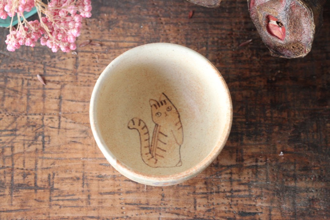 Sake cup with cat - 酒杯/酒器 - 陶 黑色