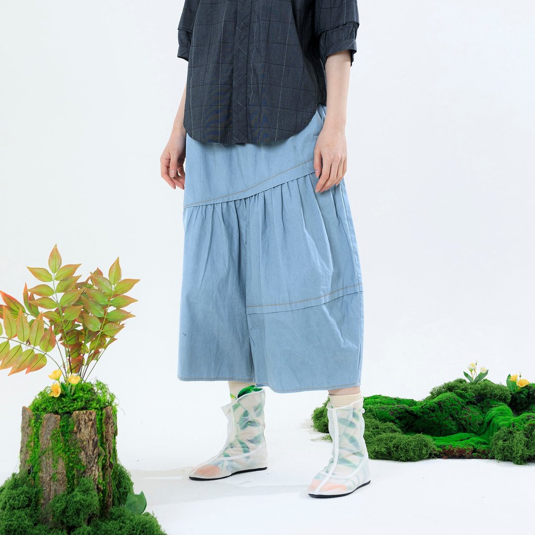 彗星尾巴不对称斜褶宽裤 - 女装长裤 - 棉 蓝色