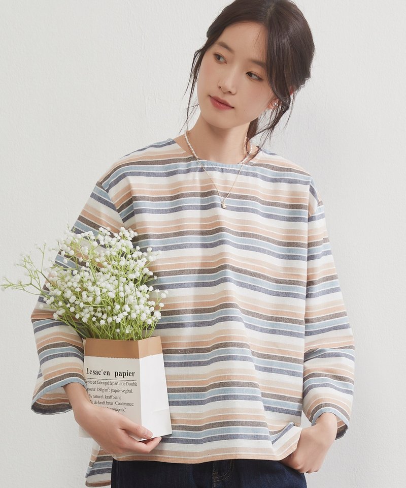 亮片条纹圆领九分袖上衣 - 女装衬衫 - 其他材质 