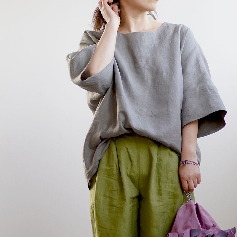 wafu --Ama T-shirt Lightweight Linen Unisex Wide-Sleeve Top / Iron t041d-nib1 - 中性连帽卫衣/T 恤 - 亚麻 灰色