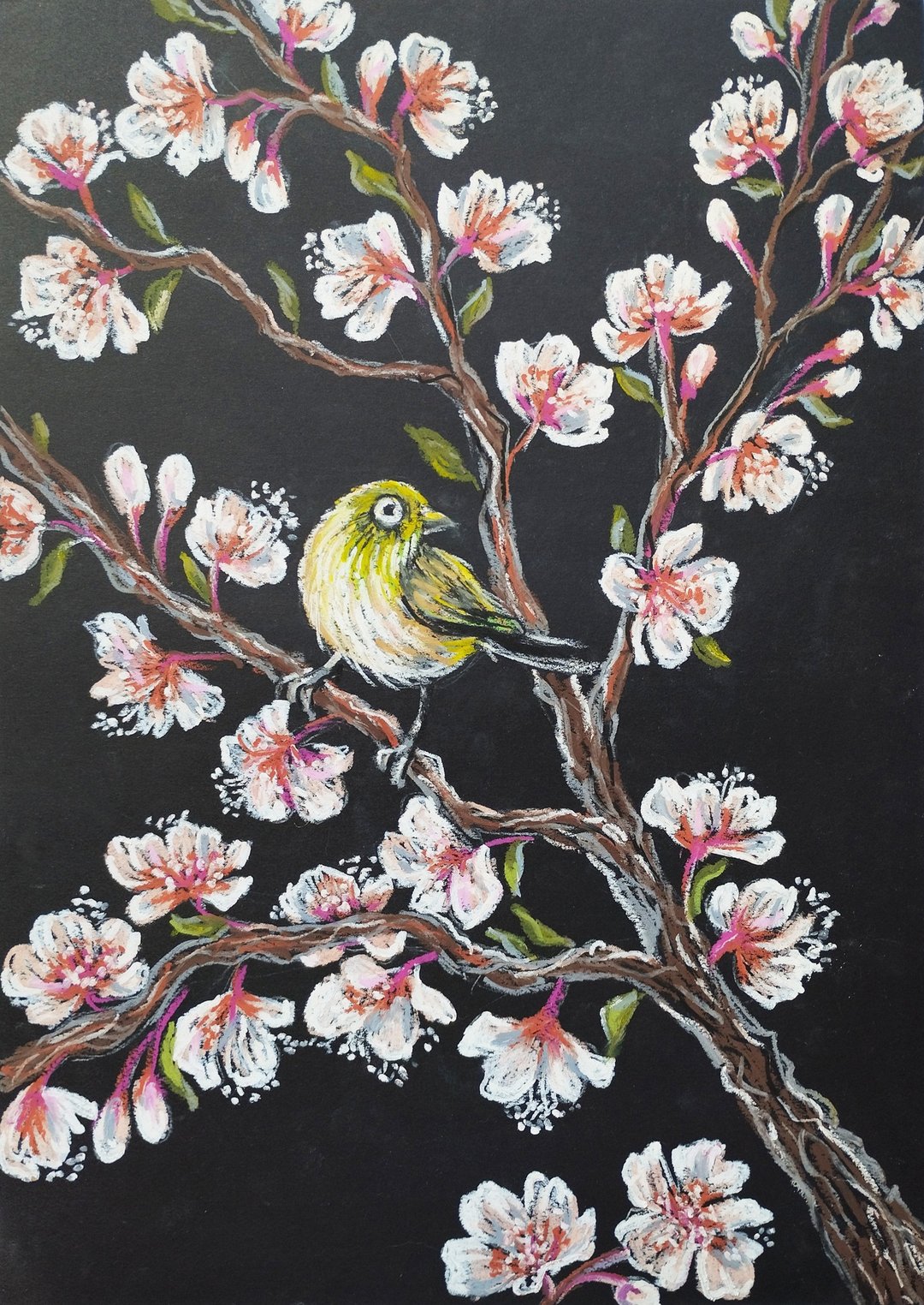 樱花画花艺术画油画棒树枝上的雀艺术 - 墙贴/壁贴 - 纸 粉红色