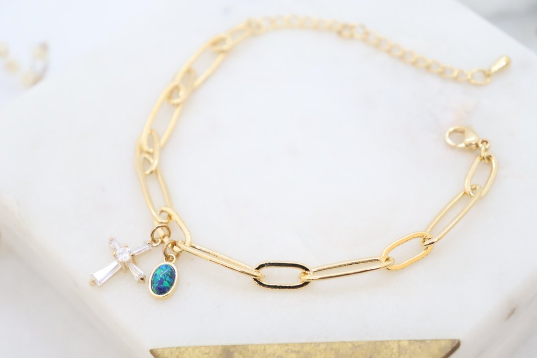 Oval Link Chain Cross & Blue Opal Cham Bracelet, Delicate Handmade Bracelet - 手链/手环 - 铜/黄铜 金色