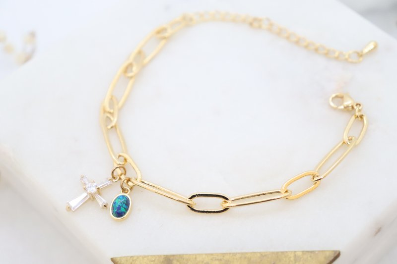 Oval Link Chain Cross & Blue Opal Cham Bracelet, Delicate Handmade Bracelet - 手链/手环 - 铜/黄铜 金色