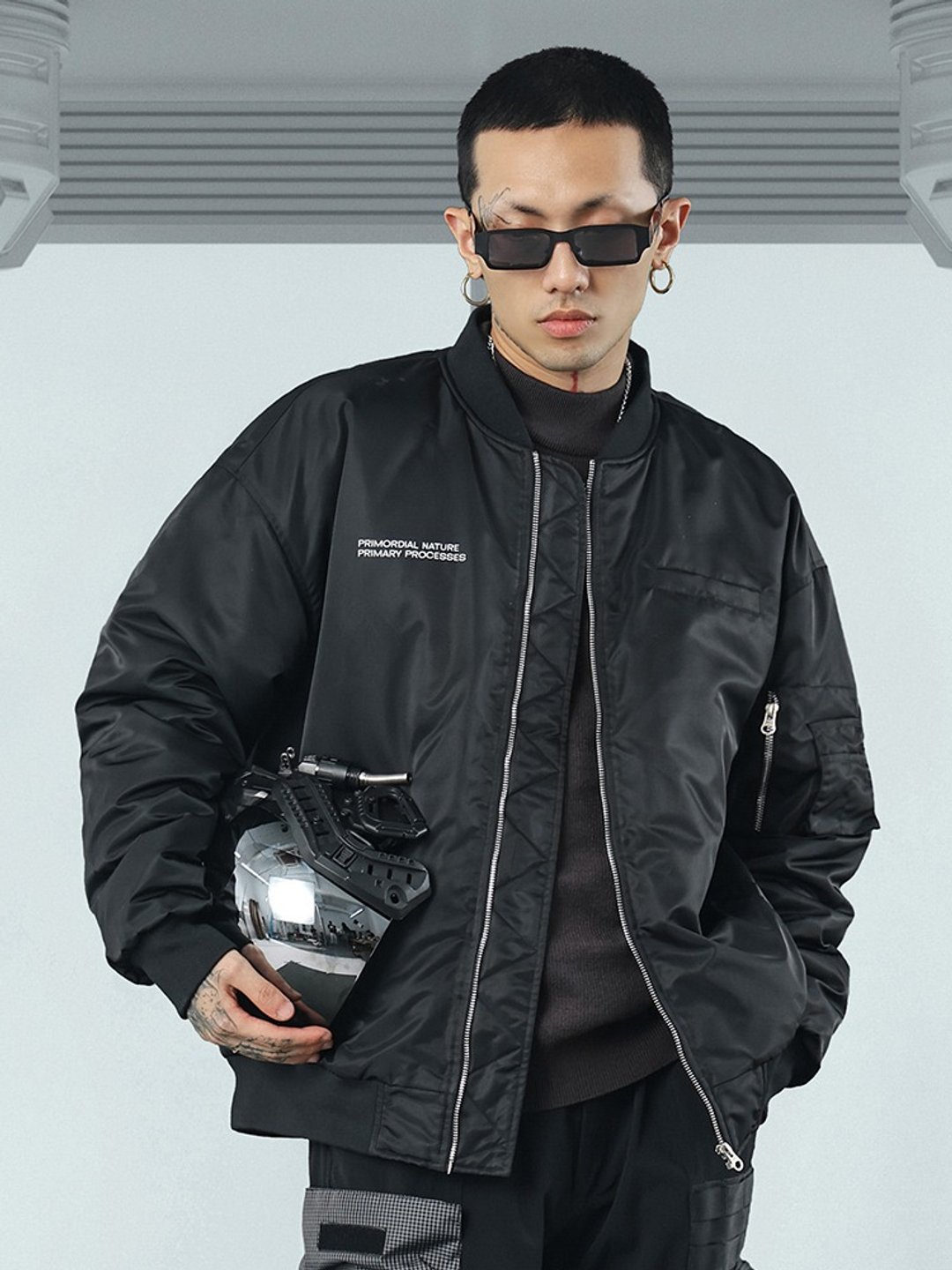 飞行员夹克 字母印花 棒球领 宽松棉服外套 - 男装外套 - 聚酯纤维 黑色