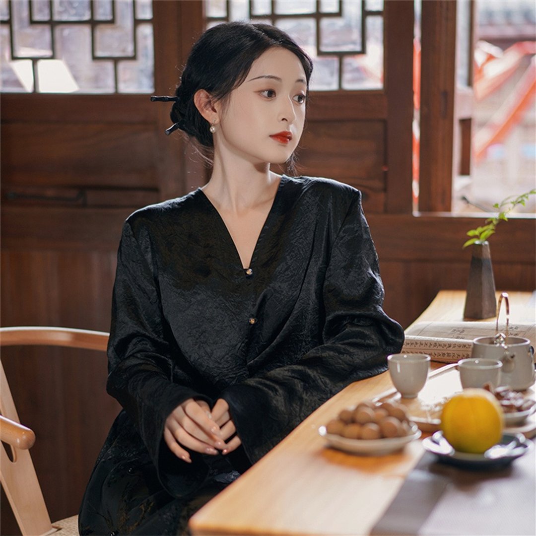 闌珊 黑色醋酸襯衫 新中式長袖襯衣 設計感小眾國風上衣 - 女装衬衫 - 聚酯纤维 黑色