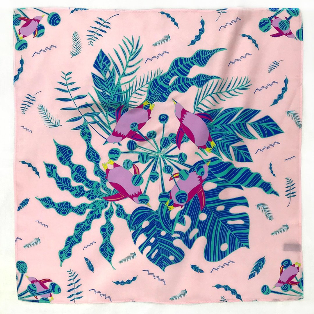 Silk Scarf 企鹅花式游泳队 手绘丝巾 | 樱・琉璃色 - 丝巾 - 丝．绢 粉红色
