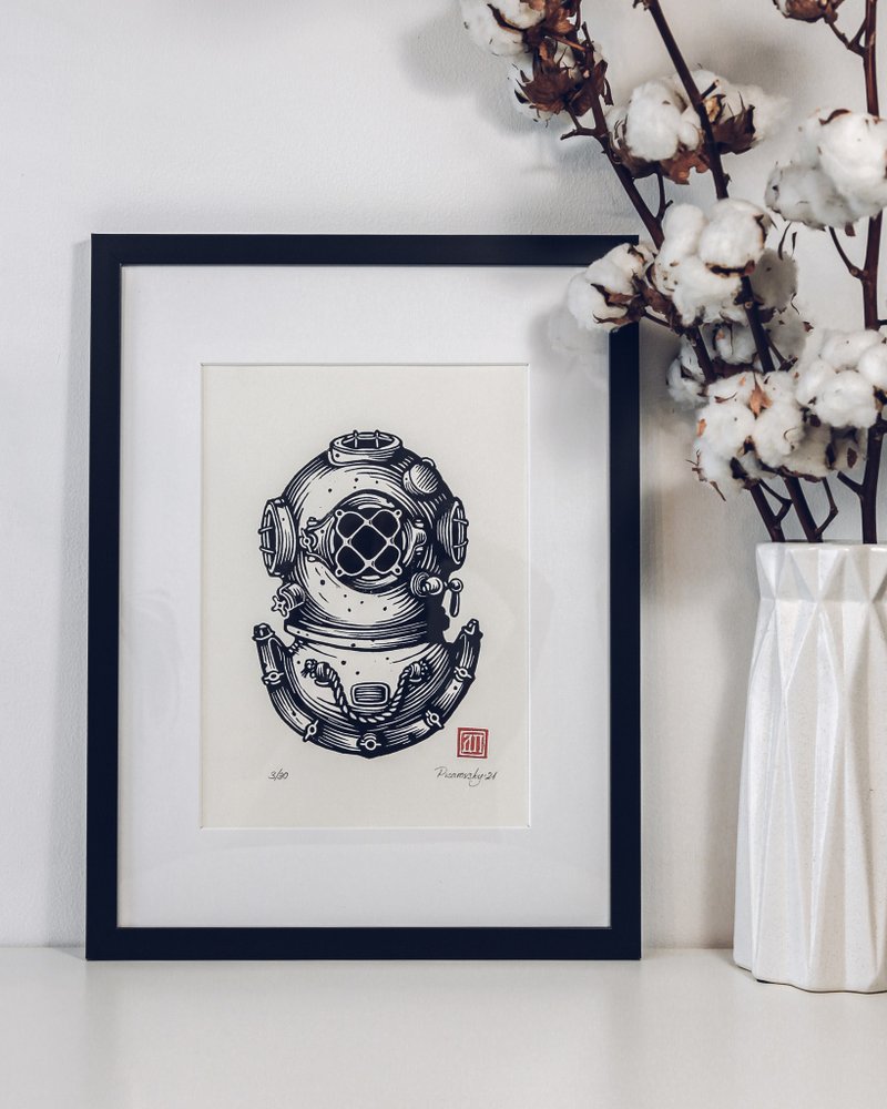原创艺术品-复古潜水头盔。 手工制版印刷。 限量版 - 海报/装饰画/版画 - 纸 黑色