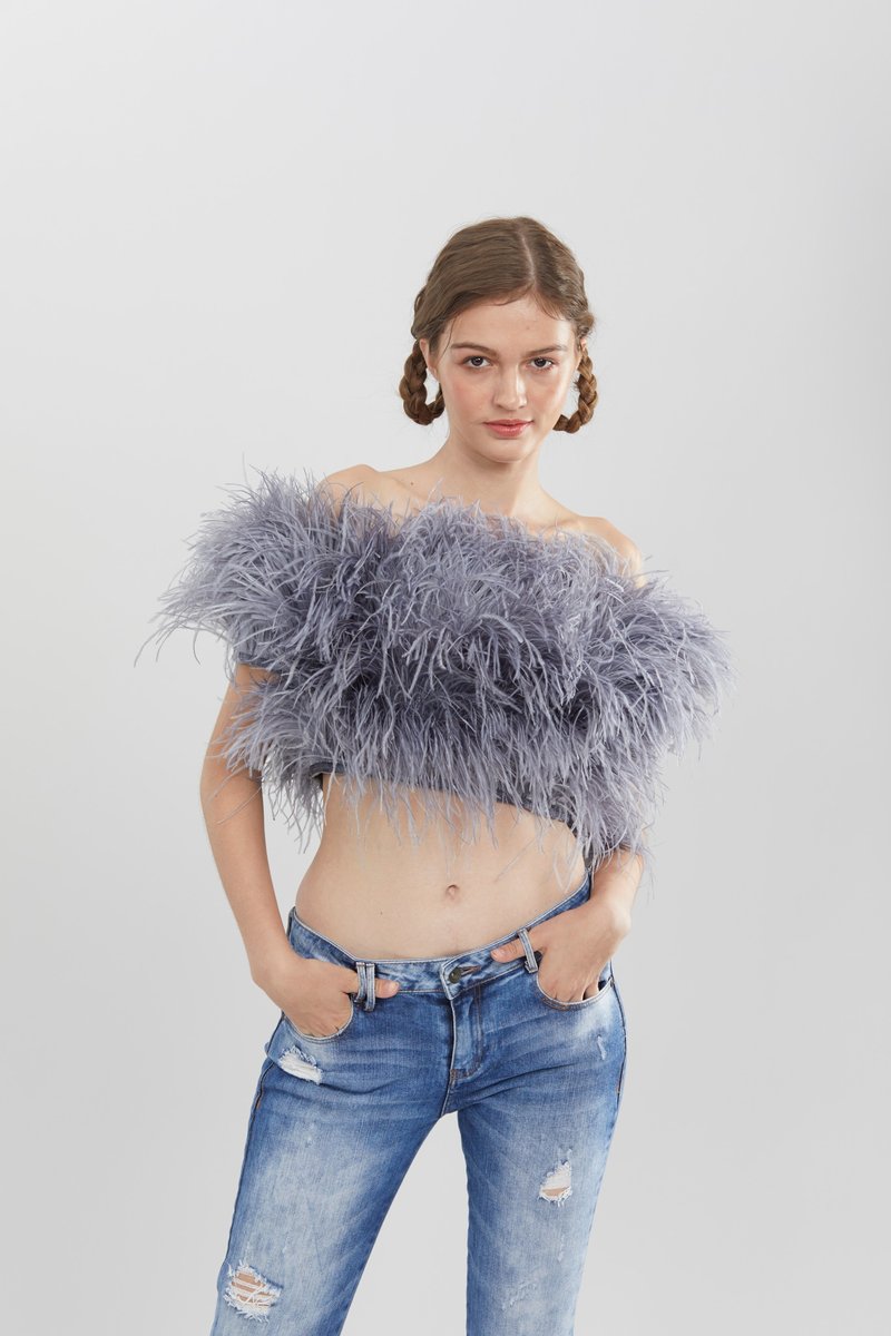 Zara  grey off the shoulder feather top for women Prom dress for women - 女装上衣 - 羽绒 灰色