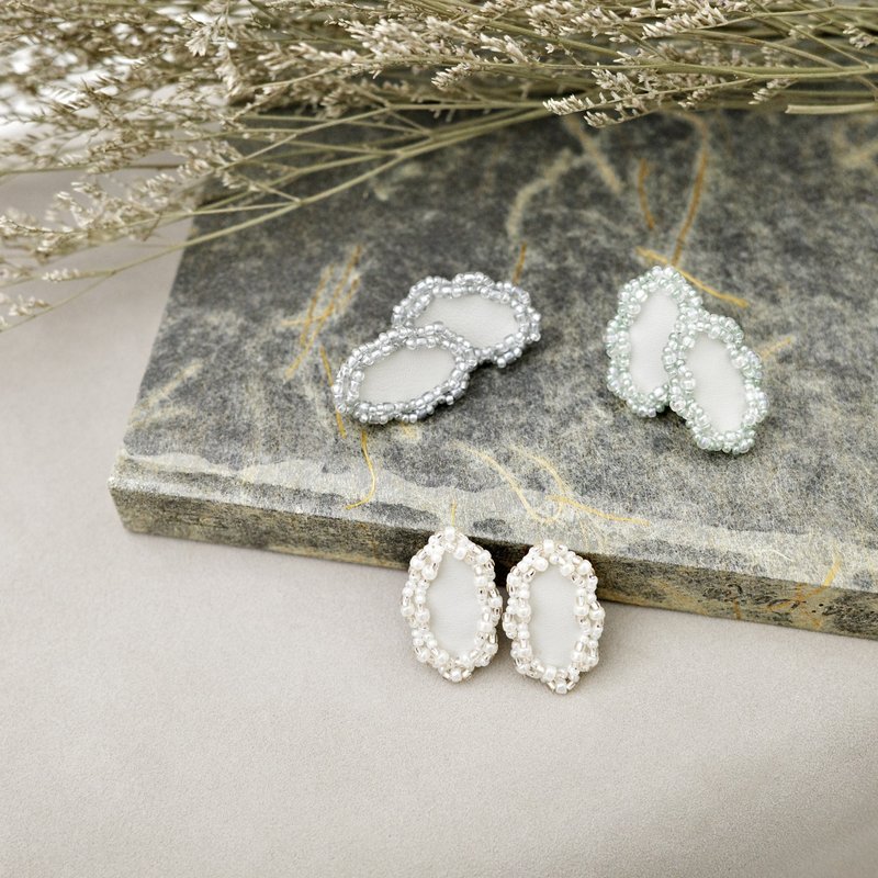 光染波形  皮革珠绣耳饰 / 耳针 耳夹 / 嫩绿革 - 耳环/耳夹 - 真皮 