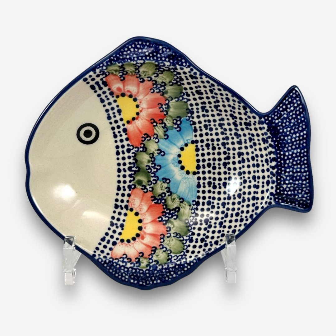 波兰手绘手工陶-鱼型盘 19cm 橘蓝大花系列 设计师款 - 盘子/餐盘/盘架 - 陶 多色