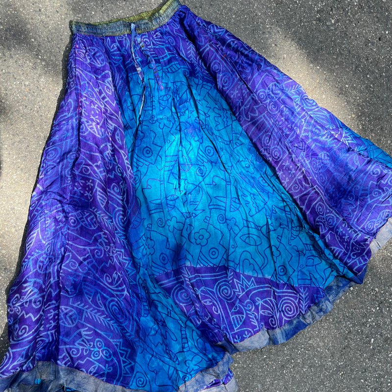 喜迎瑶 尼泊尔 大摆裙 植物丝 长裙 伞裙 嬉皮 民族风 连身裙 - 裙子 - 其他材质 蓝色