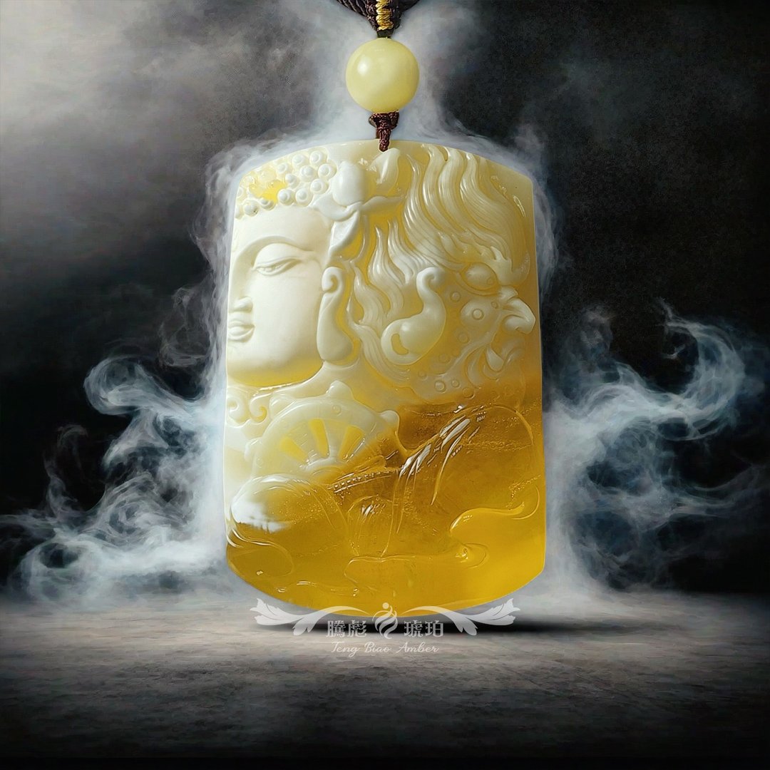 腾彪琥珀 天然琥珀蜜蜡 金瓷白蜜蜡 一念之间 精雕臻品 传承绳链 - 项链 - 半宝石 黄色