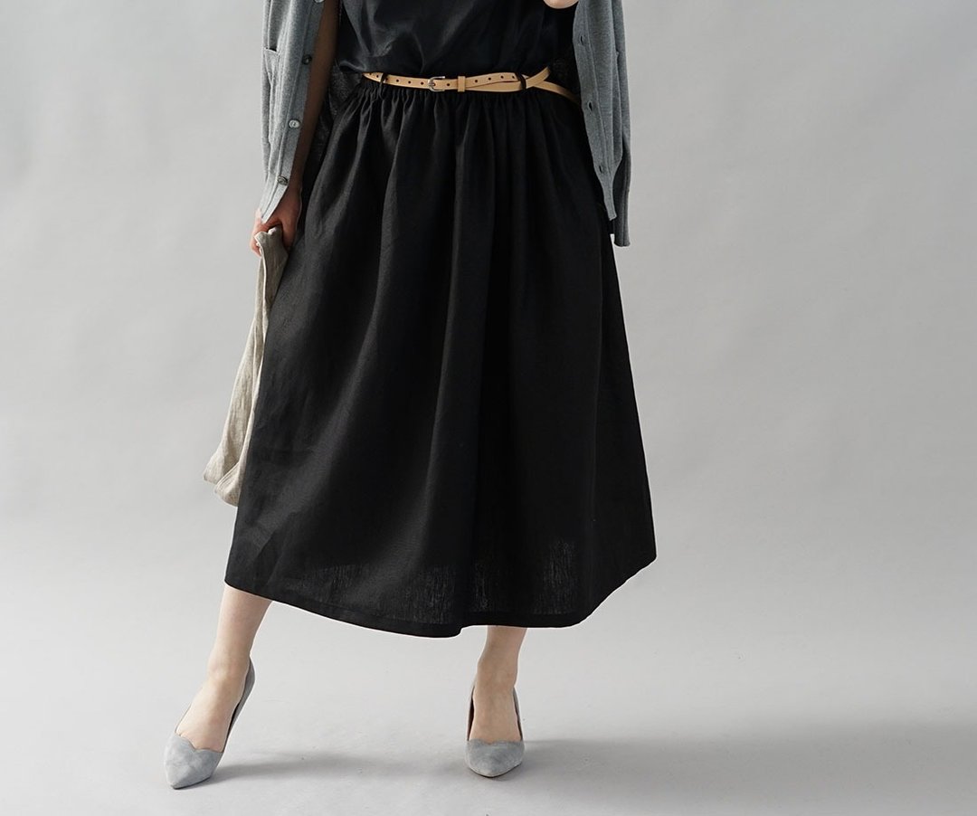 wafu - 純亞麻長裙 Midweight Linen Gathered Skirt / Black s004b-bck2 - 裙子 - 亚麻 黑色