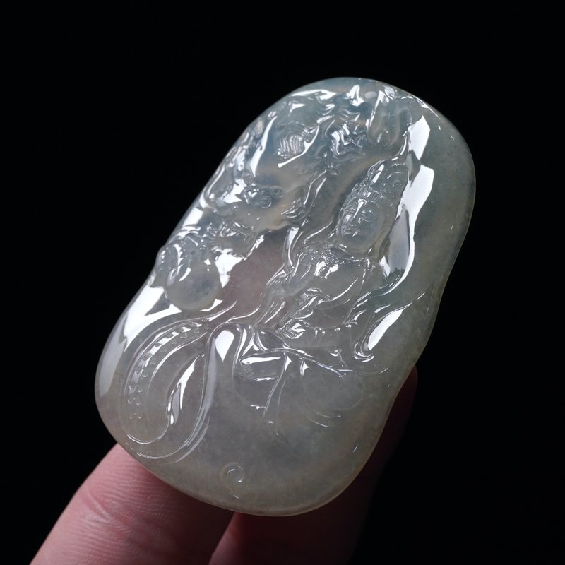 【神龙护主】冰种自在观音菩萨 | 裸石 | 天然缅甸翡翠A货 | 送礼 - 项链 - 玉石 透明