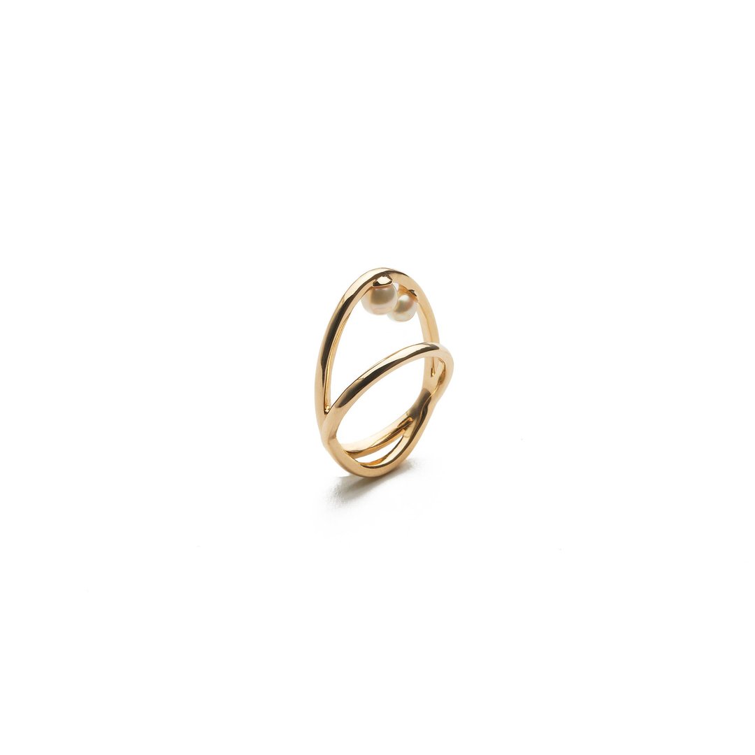 双卫星戒指 925银厚镀18K金 Callisto Pearl Ring - 戒指 - 珍珠 粉红色