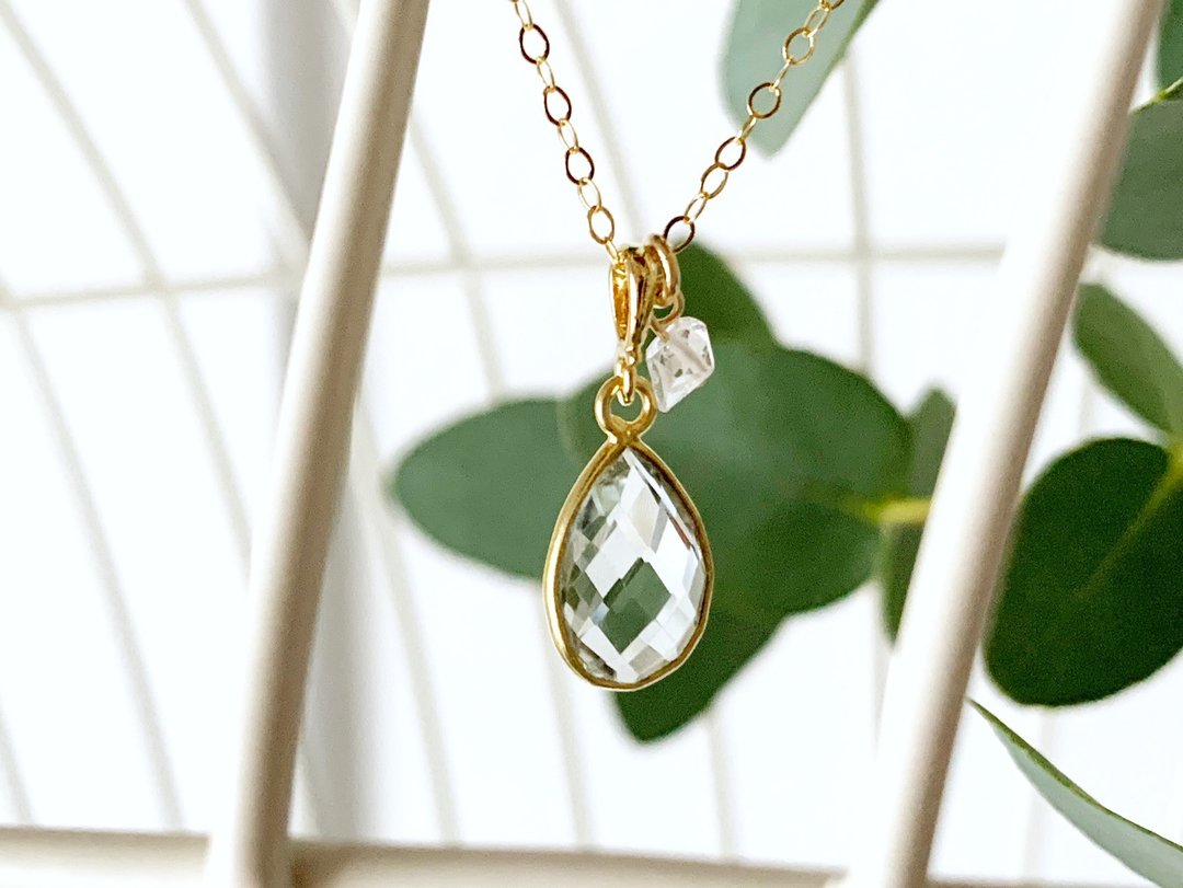 [February-April Birthstone] Green Amethyst and Herkimer Diamond (Crystal) Necklace (K14GF) - 项链 - 半宝石 绿色