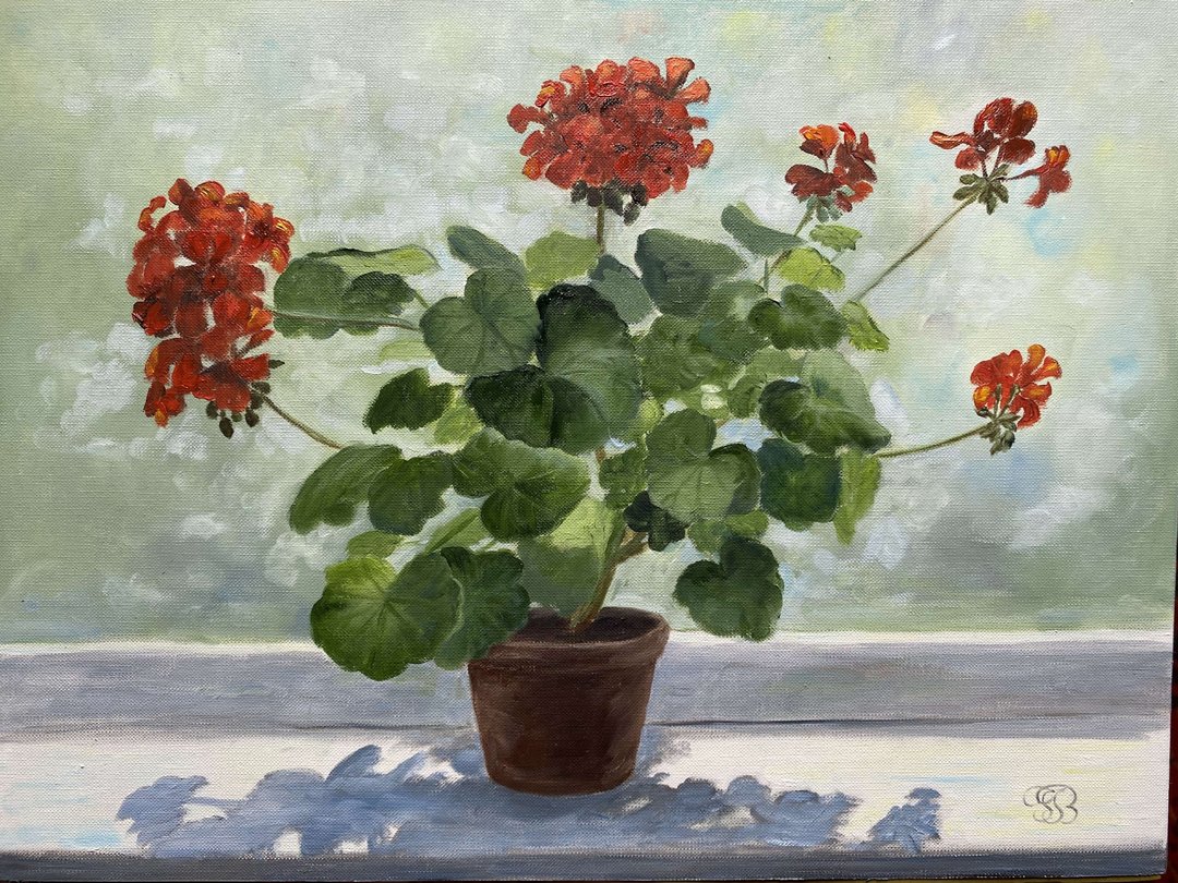 天竺葵花写实花卉原创油画 40 x 30 厘米 - 墙贴/壁贴 - 纸 红色