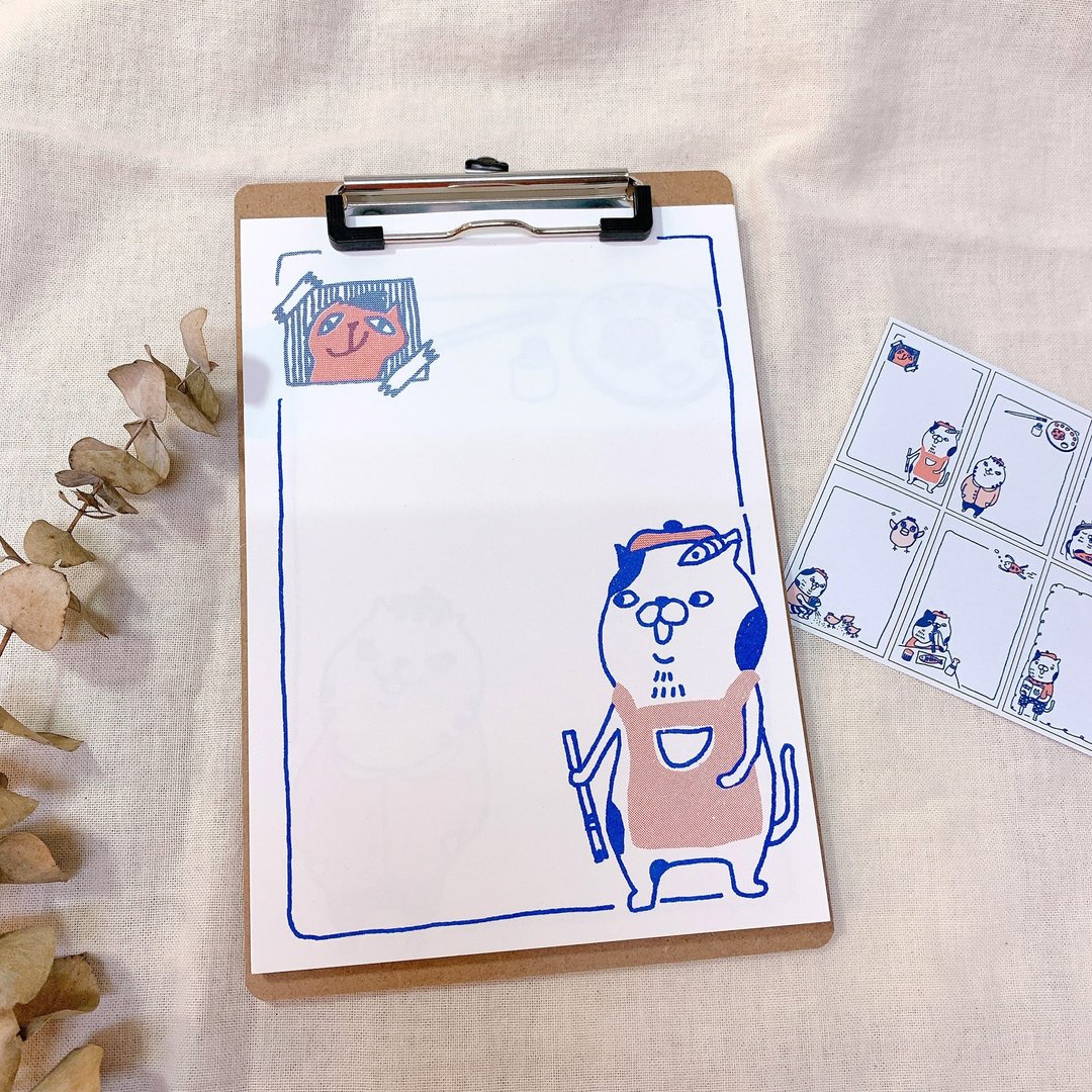 猫画家夹板便笺 | Risograph网印 | 信纸 |便条纸 | 文具 - 便条纸/标签贴 - 纸 白色