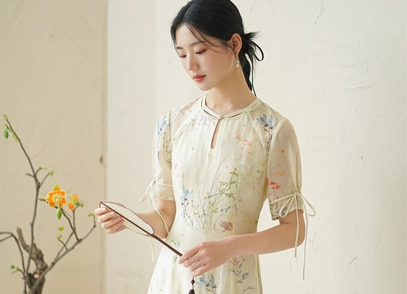 夏葵 新中式复古中國風 圆领改良旗袍洋裝 - 洋装/连衣裙 - 棉 白色