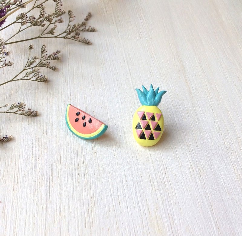 Mixed Fruit collection! Melon and Pineapple earrings, Fruit earrings - 耳环/耳夹 - 粘土 多色