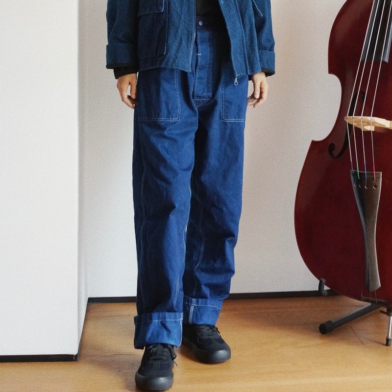 indigo 環保植物藍染型糊染 中性 秋季休閒工裝牛仔長褲 - 女装长裤 - 棉 蓝色