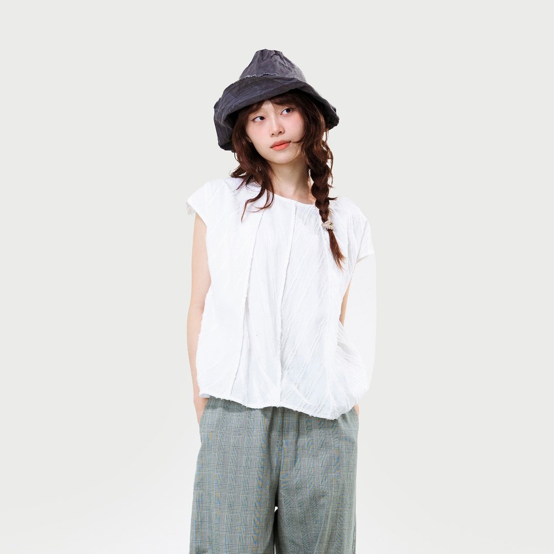 线织纹打褶小盖袖上衣 - 女装上衣 - 棉 白色