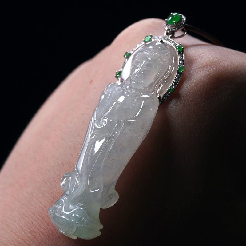 冰种翡翠宝瓶观音菩萨项链18K金钻石 | 天然缅甸玉翡翠A货 | 送礼 - 项链 - 玉石 白色