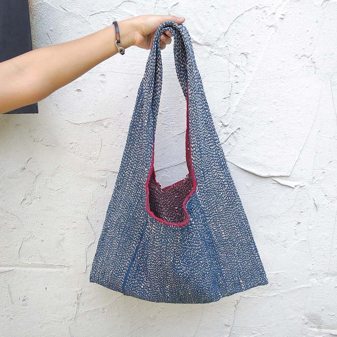Sashiko Hand Embroidered Cotton Bag / Natural / Indigo - 公文包/医生包 - 棉．麻 蓝色