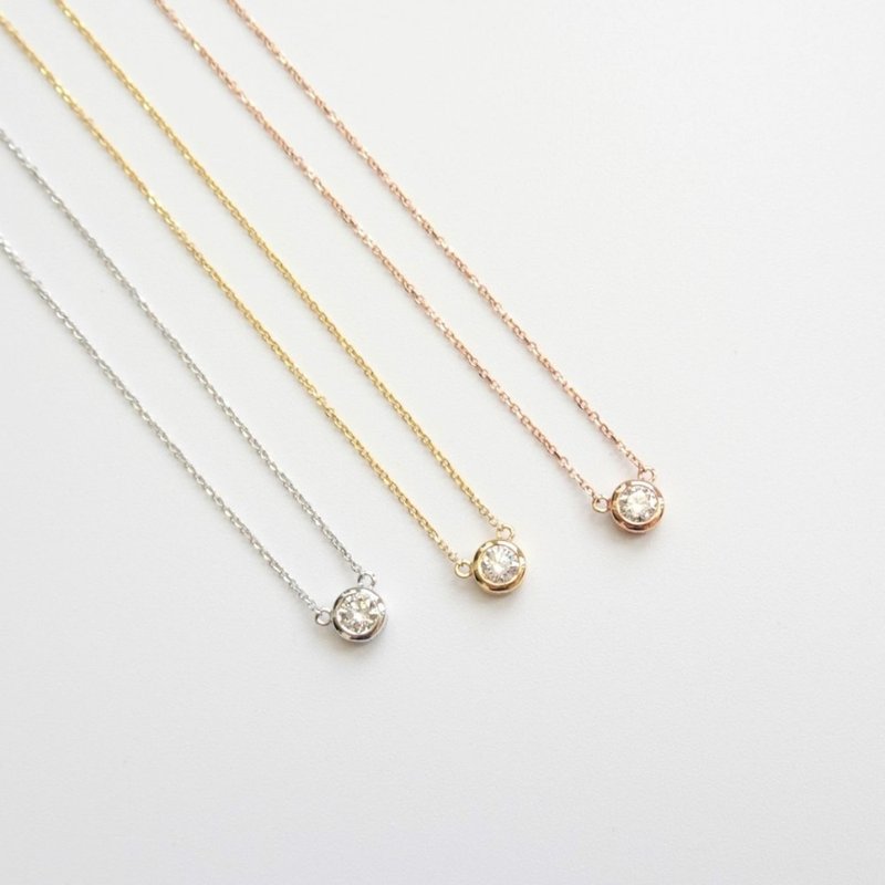 天然钻石 单颗包镶 纯 18K 白金 黄金 玫瑰金 项链 锁骨链 定制 - 项链 - 钻石 金色