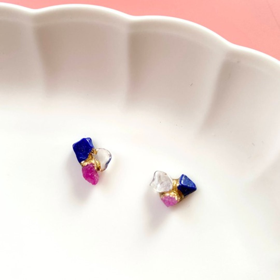 Kintsugi x natural stone earrings earrings (ruby, lapis lazuli, Himalayan crystal) - 耳环/耳夹 - 宝石 