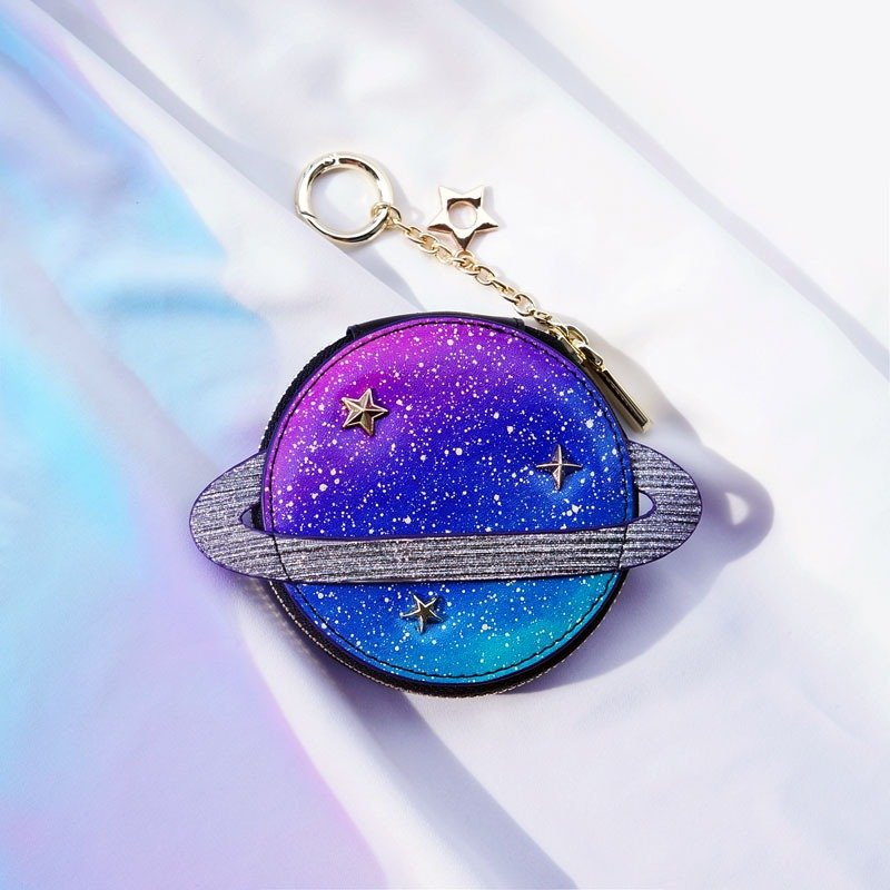 〈izzmi〉迷幻小星球头层牛皮 零钱包 挂饰 星空染色 闪耀银环 - 零钱包 - 真皮 紫色